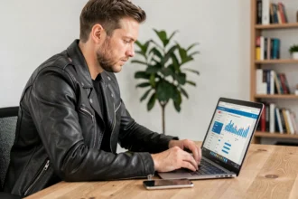 Homme consultant un comparateur d'assurance moto sur ordinateur portable à son bureau à domicile