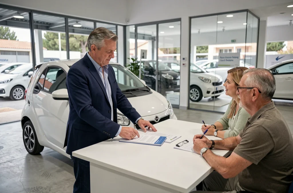 Conseiller automobile présentant un contrat de location ou d'achat de voiture sans permis dans une concession moderne à Toulon