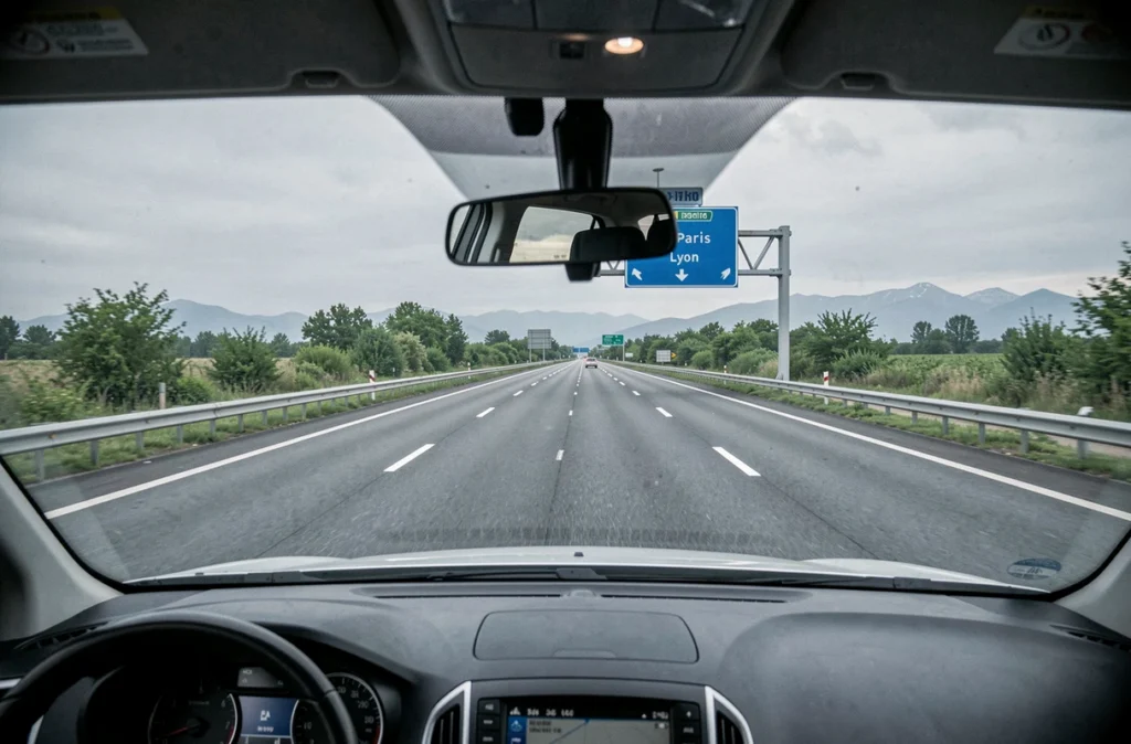 Vue depuis l'habitacle d'une voiture sur une autoroute française avec panneau de signalisation