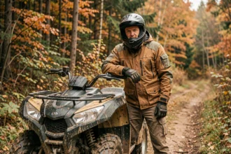 Motard équipé debout à côté d'un quad tout-terrain boueux sur un sentier forestier, illustrant les profils de conducteurs pour l'assurance quad