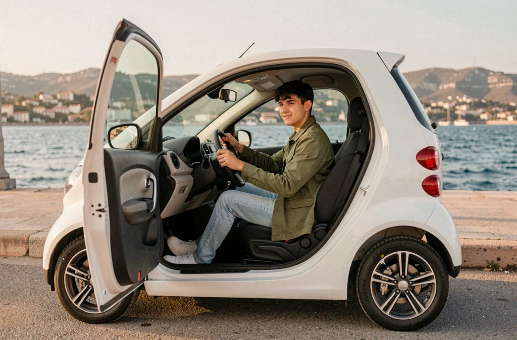Jeune conducteur sans permis au volant d'une voiture électrique sur le front de mer de Toulon