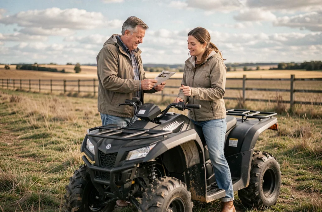 Couple examinant une brochure d'assurance à côté d'un quad Yamaha Raptor 700 noir dans un champ