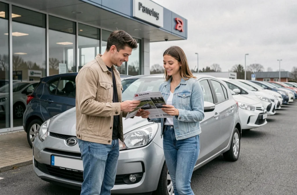Couple de jeunes adultes consultant une brochure devant une voiture économique chez un concessionnaire, pour choisir le modèle le moins cher à assurer