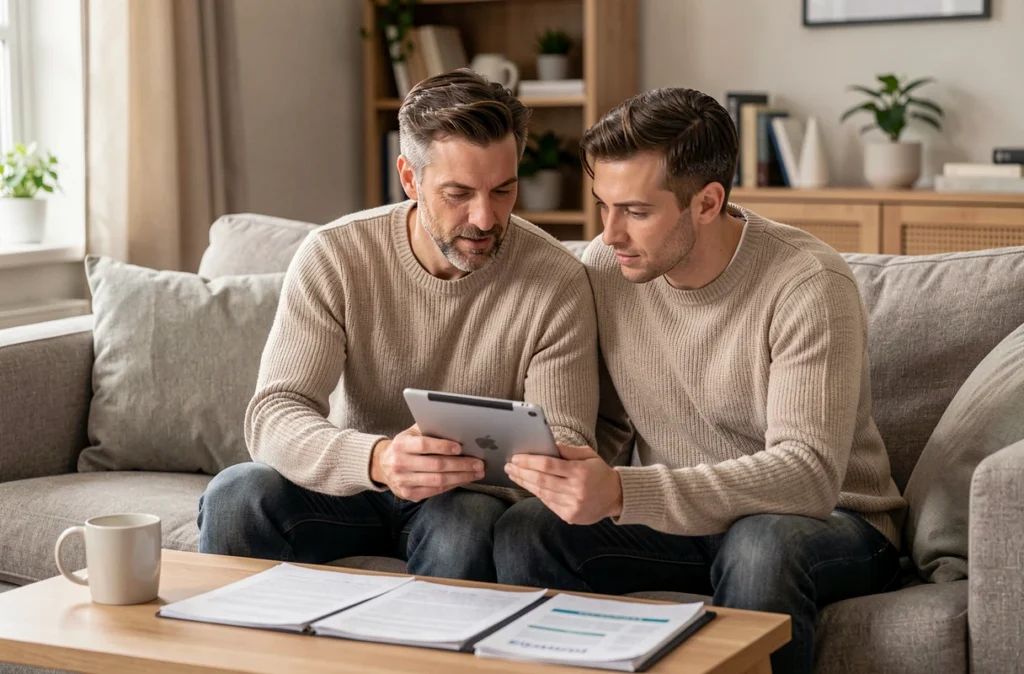 Couple comparant des promotions d'assurance auto sur une tablette dans leur salon pour optimiser leurs garanties