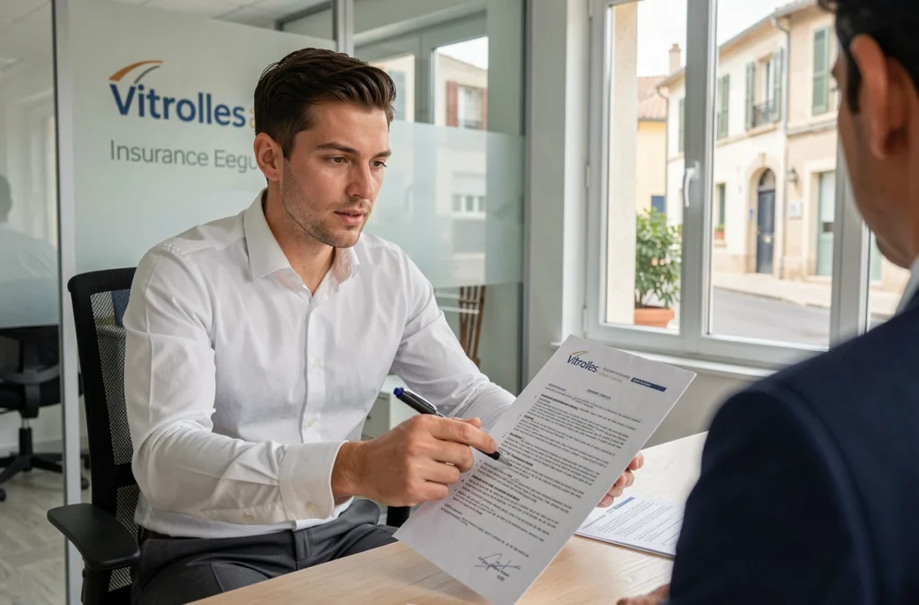 Courtier en assurance auto expliquant un contrat à un client dans une agence moderne à Vitrolles