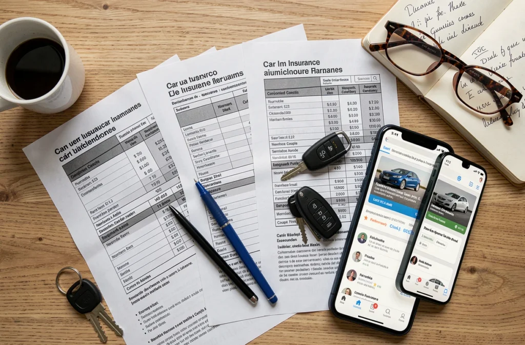 Vue en plongée de devis d'assurance auto comparés sur un bureau avec stylo, smartphone et clés de voiture