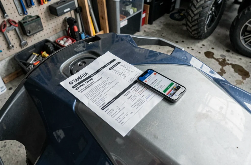 Documents d'assurance et smartphone posés sur le réservoir d'un quad Raptor 700 dans un garage