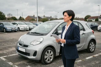 Femme tenant un dossier d'assurance auto devant une citadine compacte dans un parking, illustrant le choix d'une voiture peu coûteuse à assurer