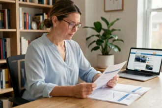 Femme consultant des documents d'assurance auto à son bureau pour trouver une promo sans réduire ses garanties
