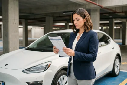 Femme consultant son contrat d'assurance auto électrique dans un parking urbain