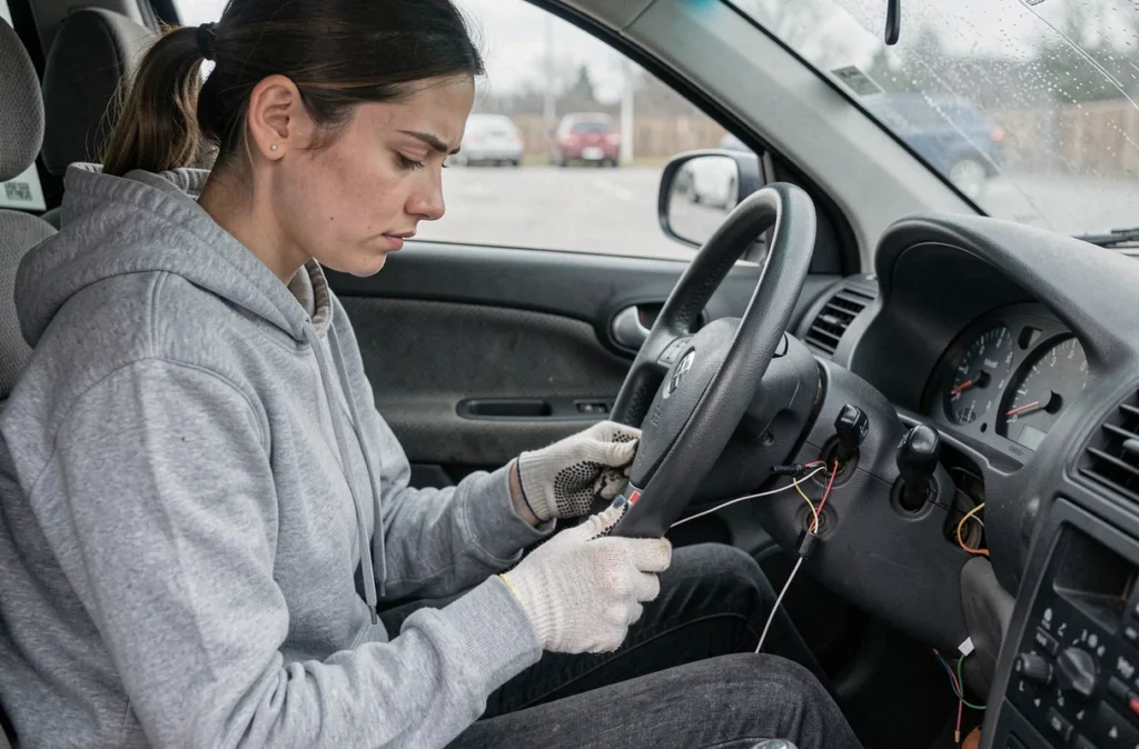 Femme connectant des fils sous le tableau de bord d'une voiture sans démarreur