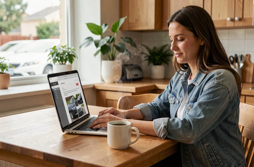 Femme lisant un article du blog auto atoutfret.fr sur son ordinateur portable dans une cuisine moderne