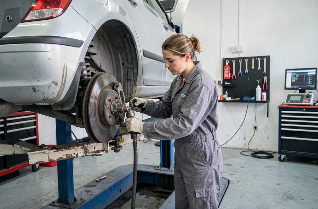 Mécanicienne du Garage AM Auto réalisant l'entretien d'un véhicule sur un pont élévateur à Barbaste