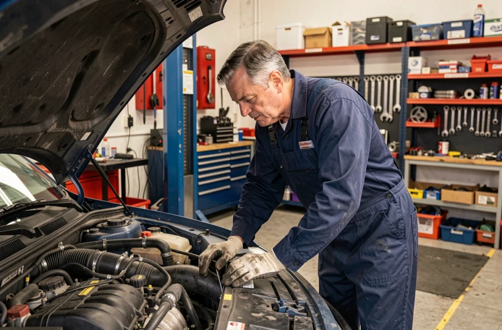 Mécanicien du Garage Bouchou Thierry inspectant le moteur d'un véhicule dans son atelier multimarque à Prayssas