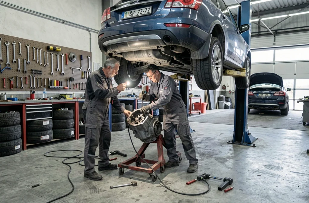 Deux mécaniciens du Garage Lartigue collaborant sur un remplacement de boîte de vitesses dans leur atelier multimarque à Marmande