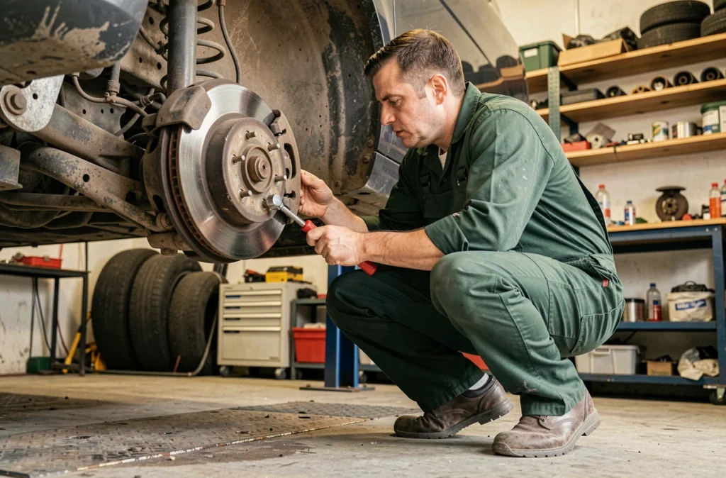 Mécanicien du Garage Music Auto travaillant sur les freins d'un véhicule surélevé dans son atelier à Agen
