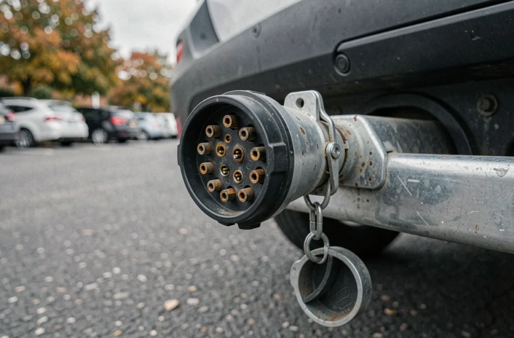 Gros plan sur une prise remorque 13 broches oxydée fixée au crochet d'attelage d'un SUV familial sur un parking