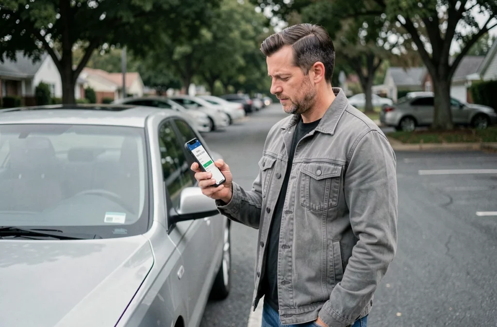 Homme comparant des offres d'assurance auto sur son smartphone près de sa voiture dans un parking