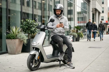 Homme casqué sur un scooter électrique 125 en ville consultant son téléphone pour son assurance