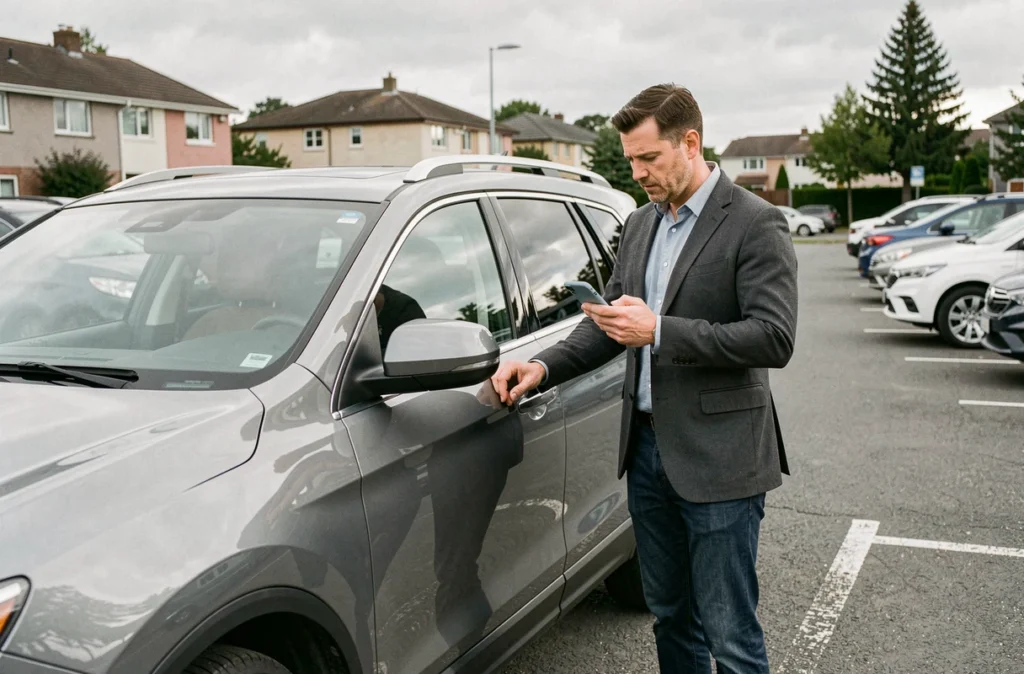 Homme consultant le blog auto atoutfret.fr sur smartphone devant son SUV en parking résidentiel