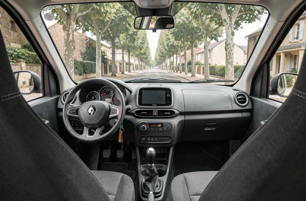 Intérieur minimaliste d'une voiture sans permis Renault avec tableau de bord et siège conducteur