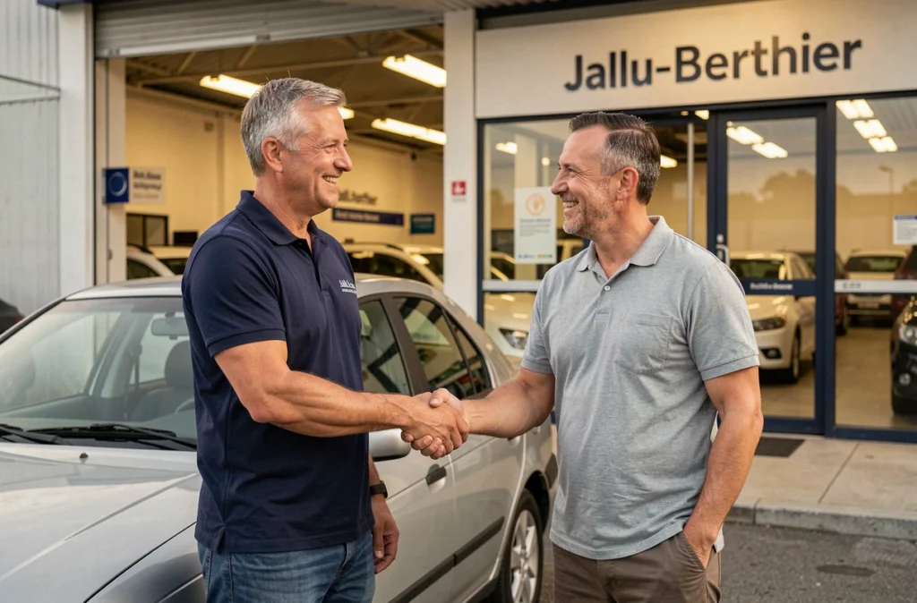 Vendeur de chez Jallu-Berthier serrant la main d'un client devant une voiture d'occasion sur le parvis du garage