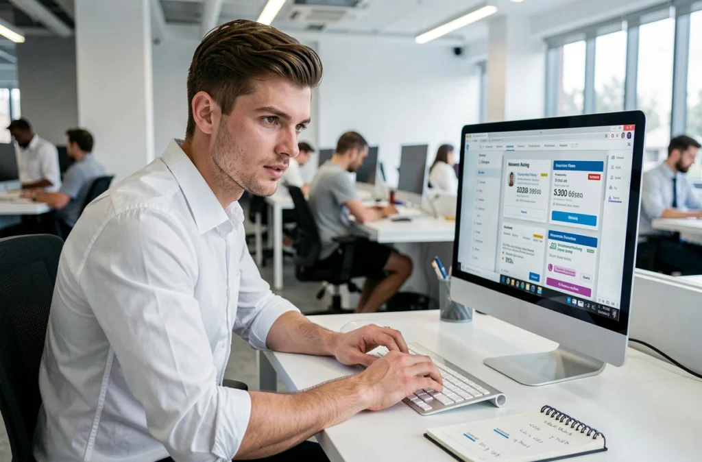 Jeune homme recherchant une promo assurance auto sur ordinateur dans un espace de travail moderne