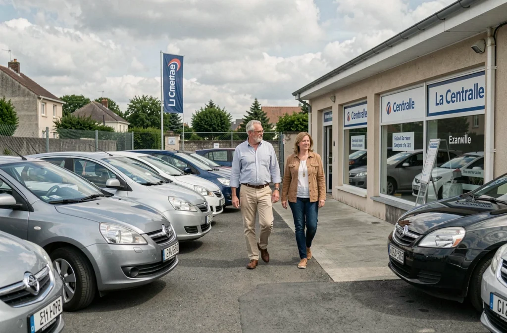 Vendeur de La Centrale à Ezanville accompagnant une cliente parmi les voitures d'occasion exposées sur le parvis