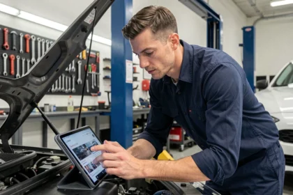 Mécanicien consultant le blog auto atoutfret.fr sur une tablette dans un garage moderne