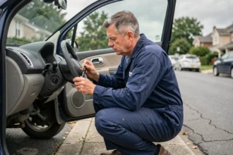 Mécanicien examinant le tableau de bord d'une voiture sans démarreur sur une rue résidentielle