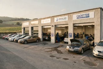 Vue extérieure d'un garage automobile en Lot-et-Garonne avec plusieurs véhicules et un atelier ouvert
