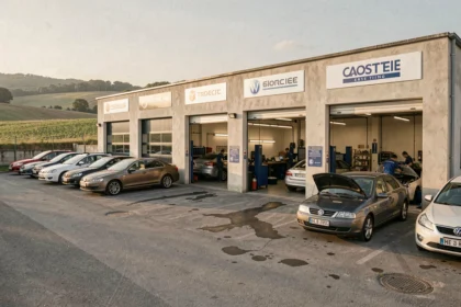 Vue extérieure d'un garage automobile en Lot-et-Garonne avec plusieurs véhicules et un atelier ouvert