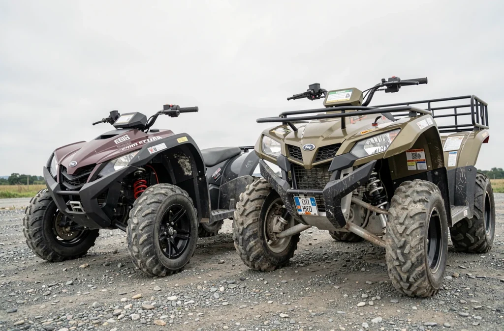 Deux modèles de quads côte à côte sur un parking en gravier illustrant les différences de catégories de véhicules influençant le tarif d'assurance quad