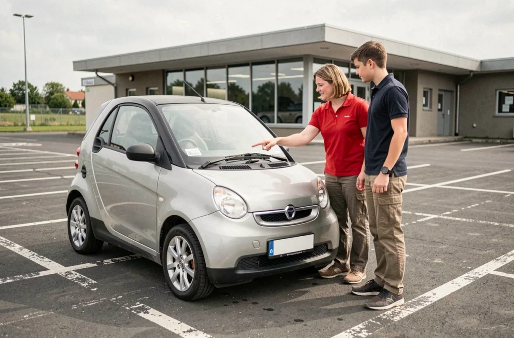Monitrice d'auto-école expliquant le fonctionnement d'une voiture sans permis à un élève dans un centre de formation BSR