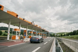 Péage autoroutier français avec voiture passant sous un portique de télépéage en 2026