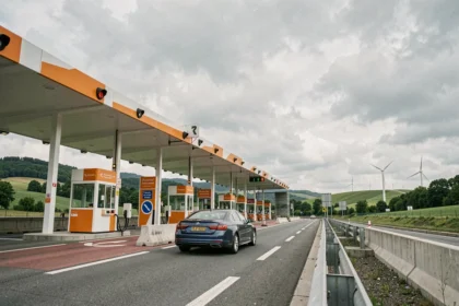 Péage autoroutier français avec voiture passant sous un portique de télépéage en 2026