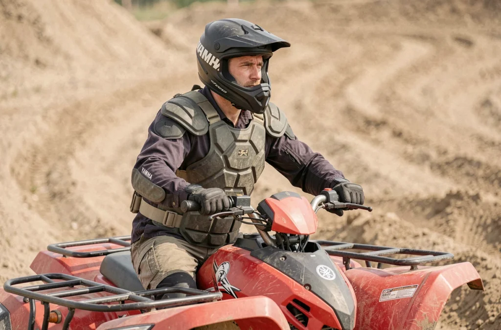 Pilote équipé sur un quad Yamaha Raptor 700 rouge sur une piste de motocross sablonneuse