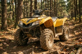 Quad Yamaha Raptor 700 jaune garé sur un sentier forestier boueux entouré de pins