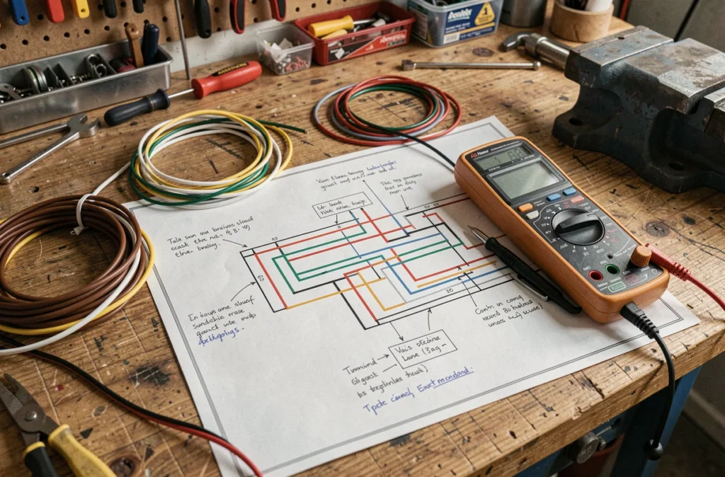 Schéma de câblage de prise remorque annoté posé sur un établi avec multimètre et fils électriques colorés