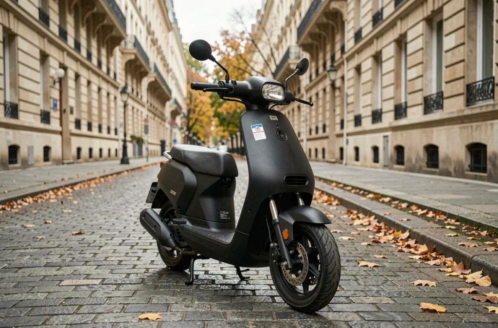 Scooter électrique 125 stationné dans une rue parisienne avec plaque et vignette d'assurance visibles