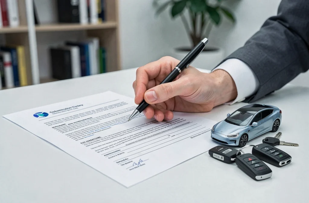Signature d'un contrat d'assurance pour véhicule électrique dans un bureau
