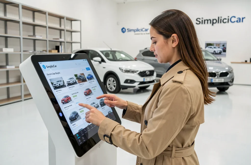 Cliente utilisant un kiosque numérique SimpliciCar Val-d'Oise dans un showroom épuré pour consulter des annonces de voitures d'occasion