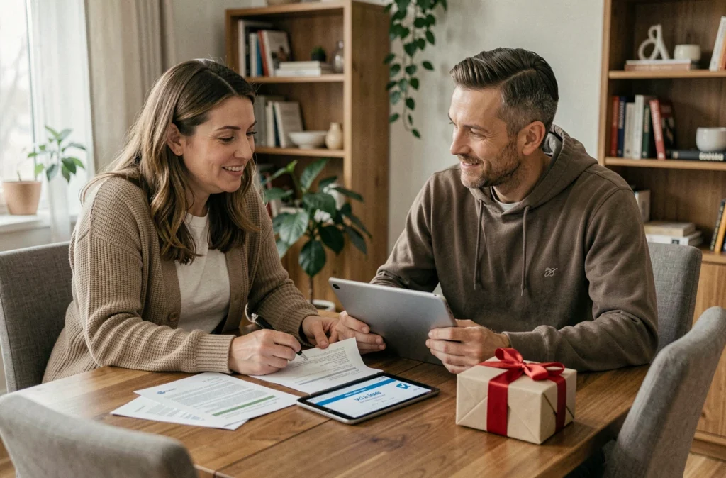 Couple comparant des offres d'assurance auto avec un cadeau promotionnel sur la table