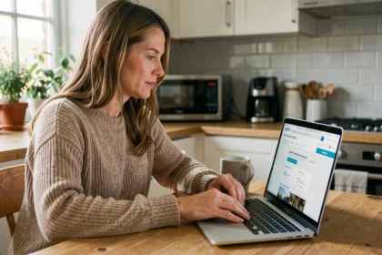 Femme comparant des simulations d'assurance auto sur un ordinateur portable dans sa cuisine