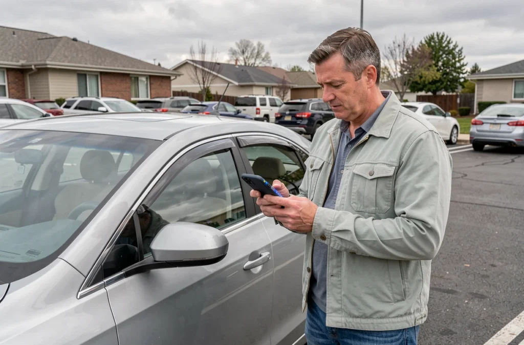 Homme consultant une simulation d'assurance auto sur son smartphone à côté de sa voiture