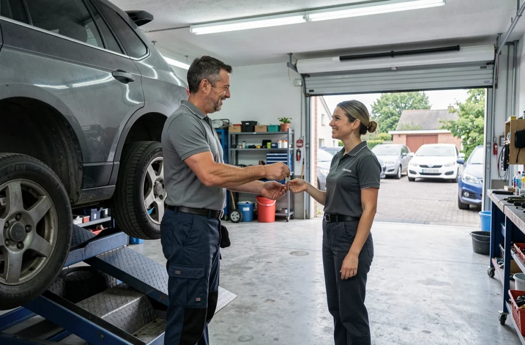 Garagiste de Top Garage Val-d'Oise remettant les clés d'un véhicule d'occasion à une cliente dans un atelier propre