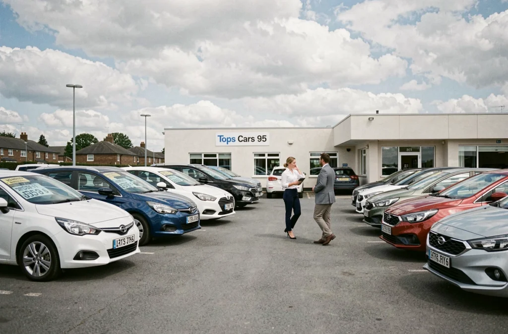 Parking de Tops Cars 95 avec plusieurs voitures d'occasion alignées et une vendeuse accompagnant un client