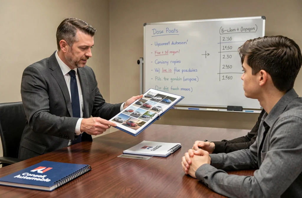 Conseiller de TVL Conseil Automobile présentant des offres de véhicules d'occasion à un couple dans une salle de réunion professionnelle