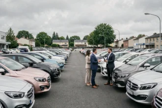 Vue d'ensemble d'un grand parking de voitures d'occasion dans le Val-d'Oise avec des rangées de véhicules et un vendeur conseillant un couple