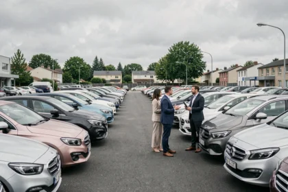 Vue d'ensemble d'un grand parking de voitures d'occasion dans le Val-d'Oise avec des rangées de véhicules et un vendeur conseillant un couple
